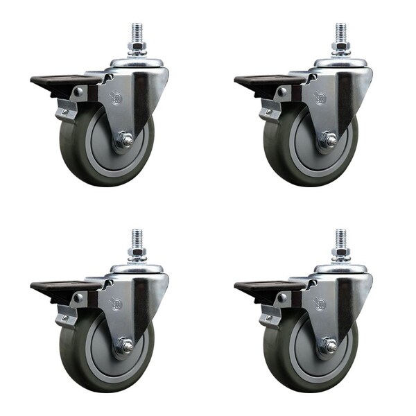 4 Inch Gray Polyurethane 10 MM Threaded Stem Caster Set with Brake